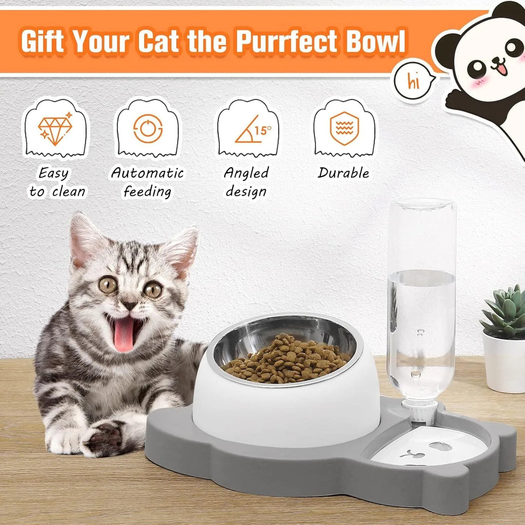 Grey panda-shaped pet feeder with tilted stainless steel bowls and a green automatic water bottle.