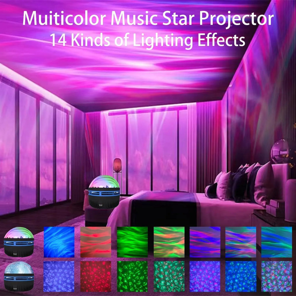 USB-powered LED galaxy projector lamp with rotating ball on a table, showing starry light projection.