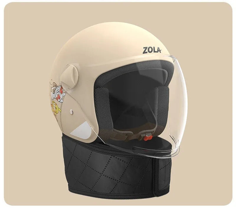 Blue electric bike helmet with attached winter scarf and a clear anti-fog visor