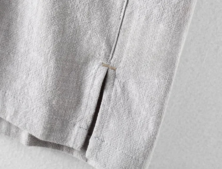 Men's loose fit linen blend casual shirt in solid colours: beige, light grey, navy blue, sky blue.