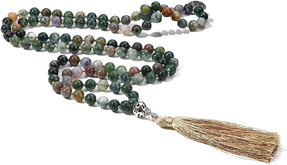Handmade knotted natural stone bead necklace with 8mm beads in one of 12 colour options.