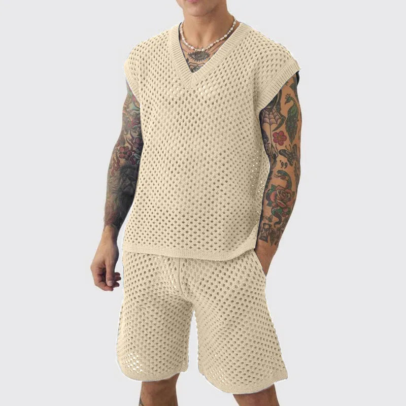 Men's blue knitted V-neck vest and matching shorts laid flat as a summer sports suit.