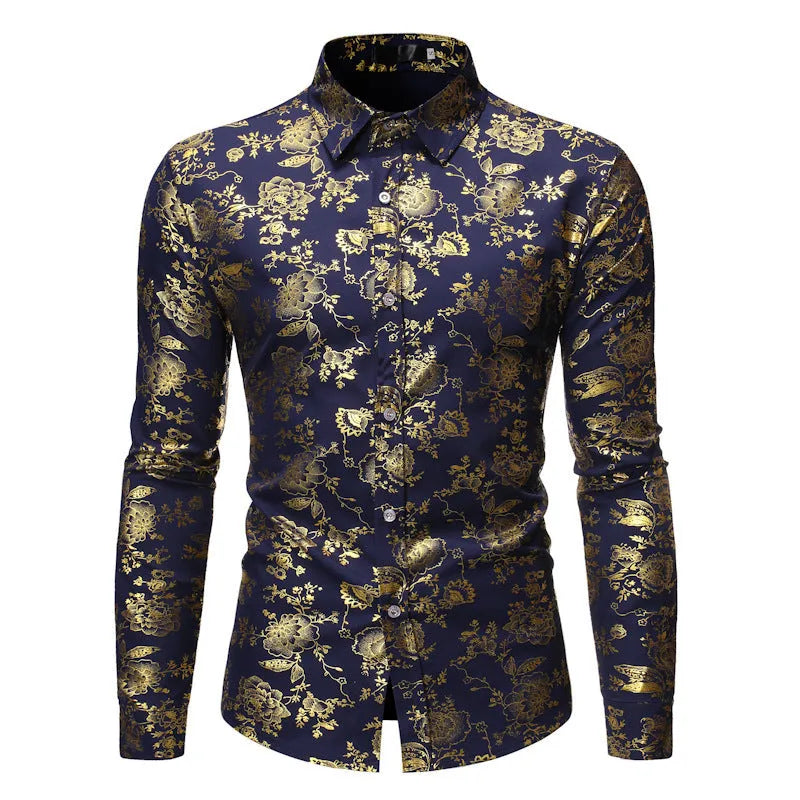 Men's long sleeve lapel cardigan shirt with metallic bronzing print on collar.