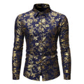 Men's long sleeve lapel cardigan shirt with metallic bronzing print on collar.