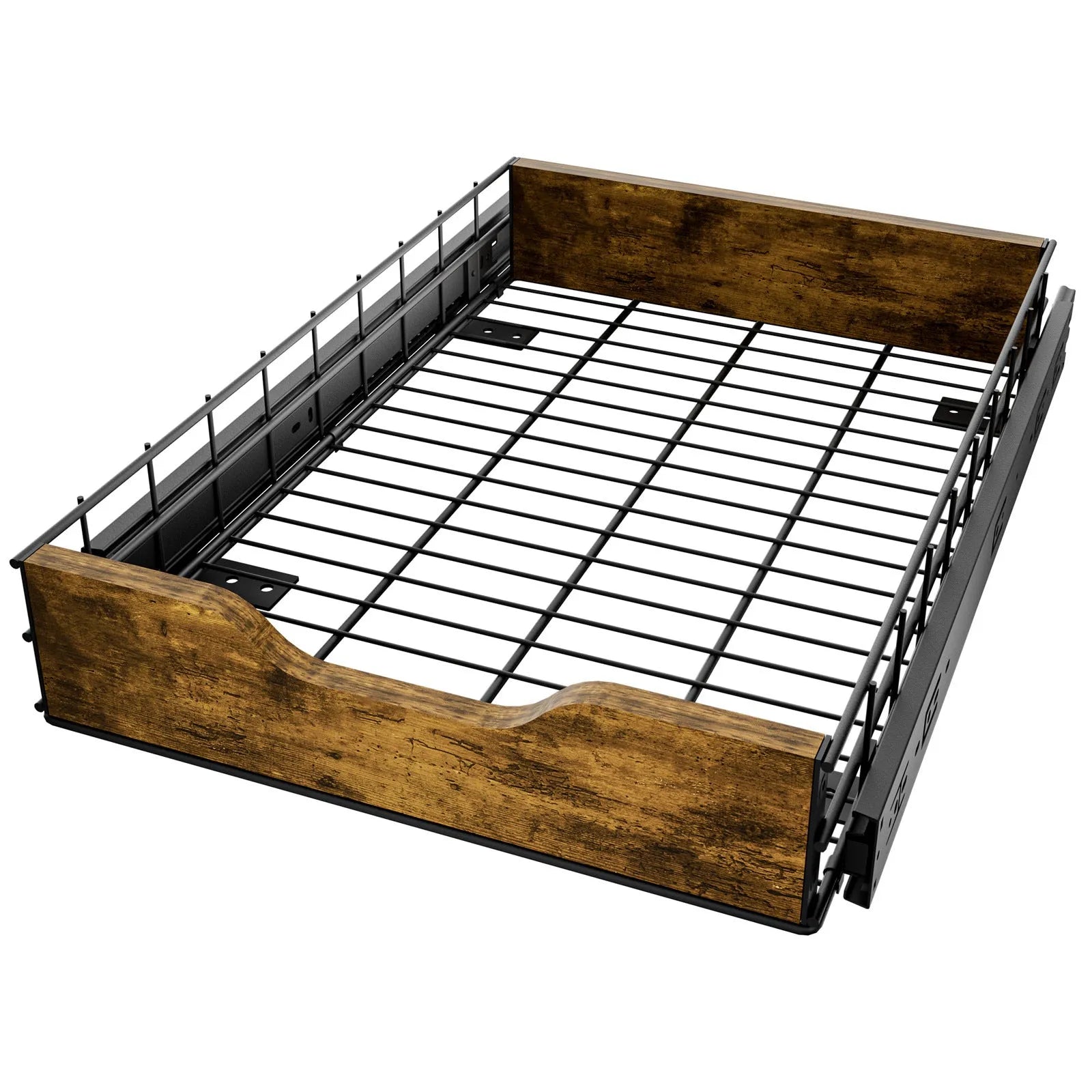 Black household storage rack with wood and iron pull basket design for multi-purpose organisation.