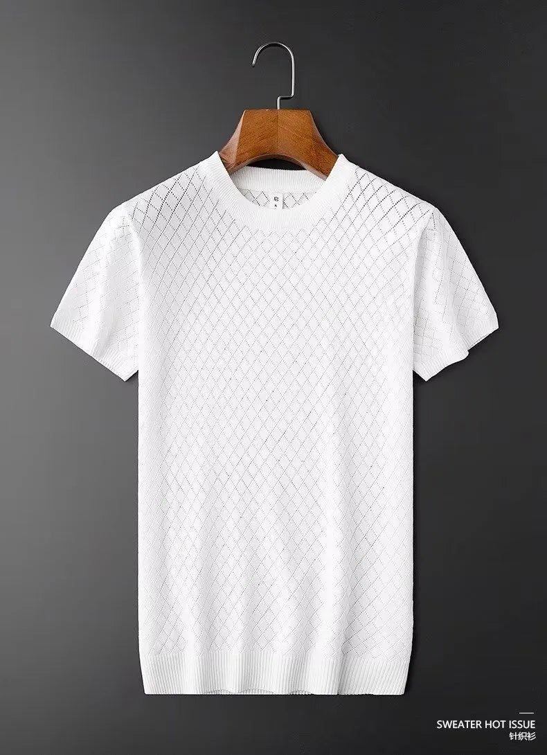 Men's ice silk T-shirt in black and white with V-neck and round neck options showing Korean-style design