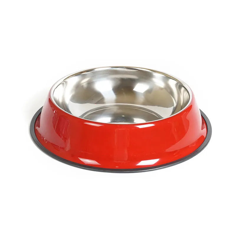 Stainless steel pet bowl with colourful melamine base and non-slip rubber ring in multiple colour options