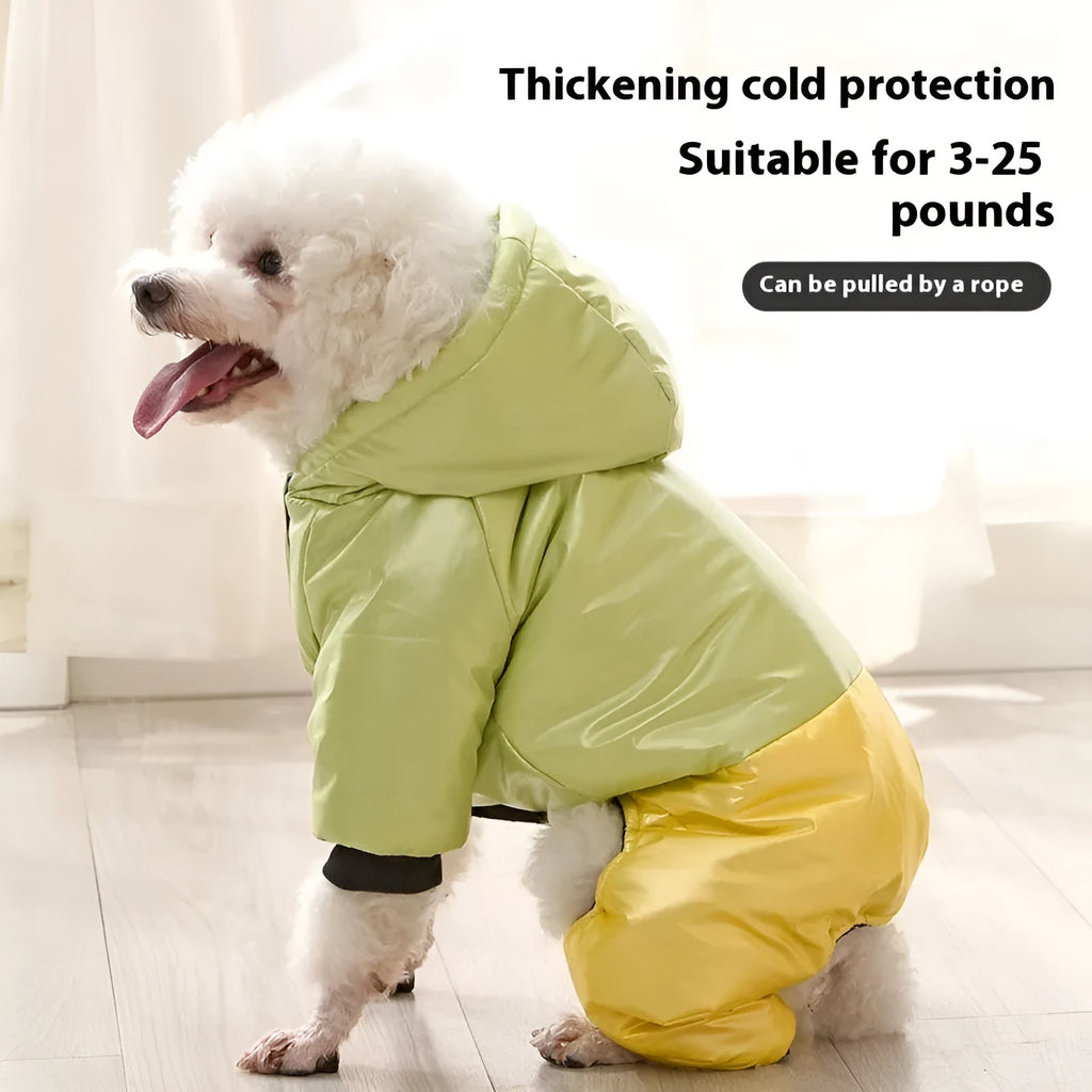 Green waterproof dog coat with four legs and cotton padding shown on a canine model