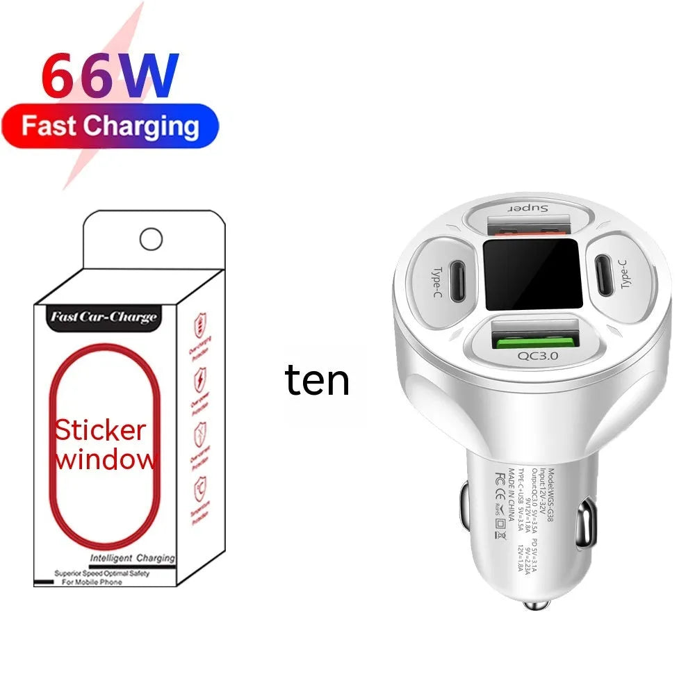 66W digital display car charger with four ports showing voltage readout