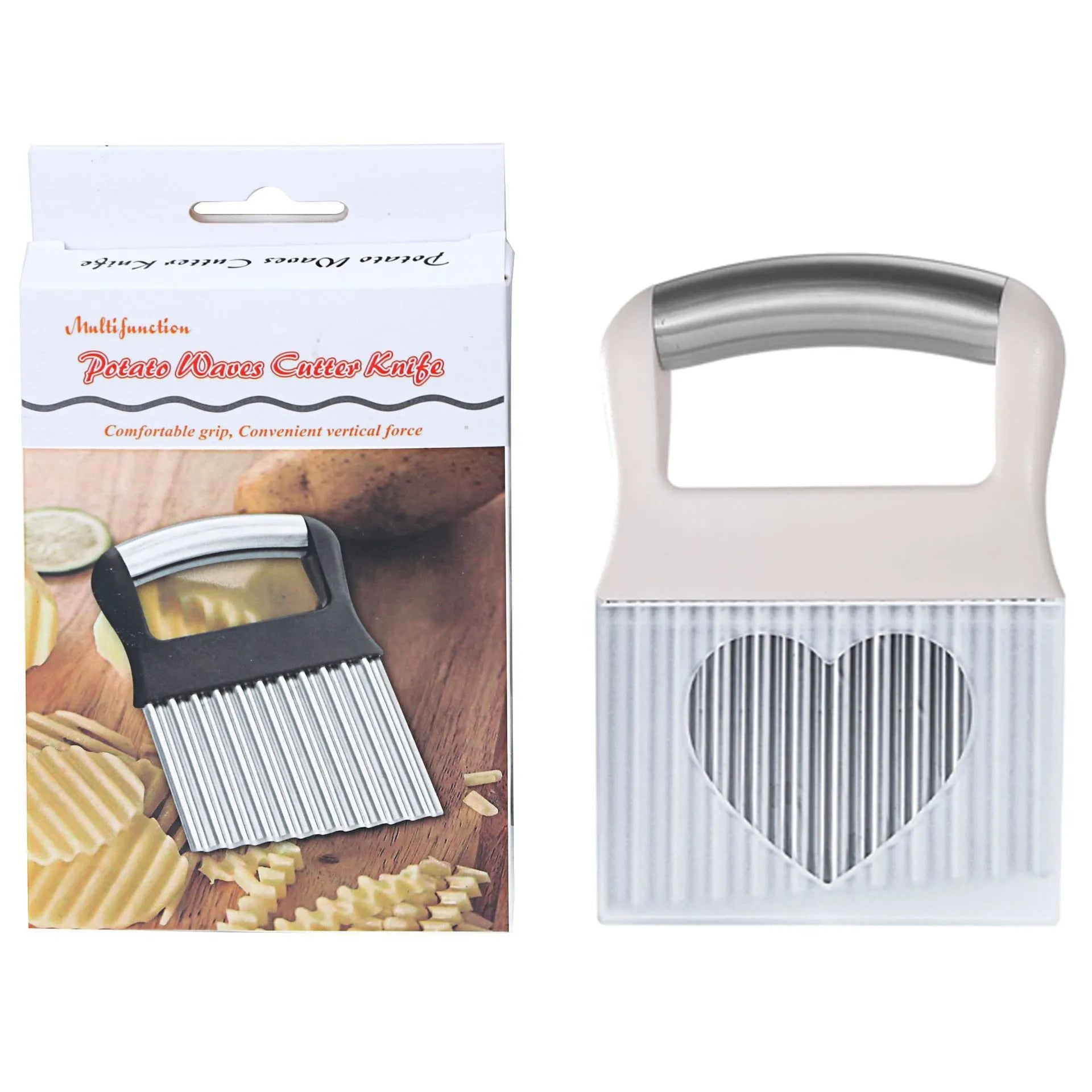 Stainless steel potato wave knife for cutting crinkle chips, shown in black colour.