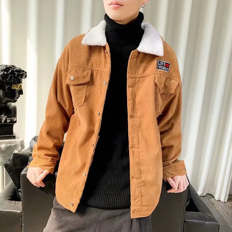Men's loose fit corduroy workwear jacket in khaki colour with size stick pockets.
