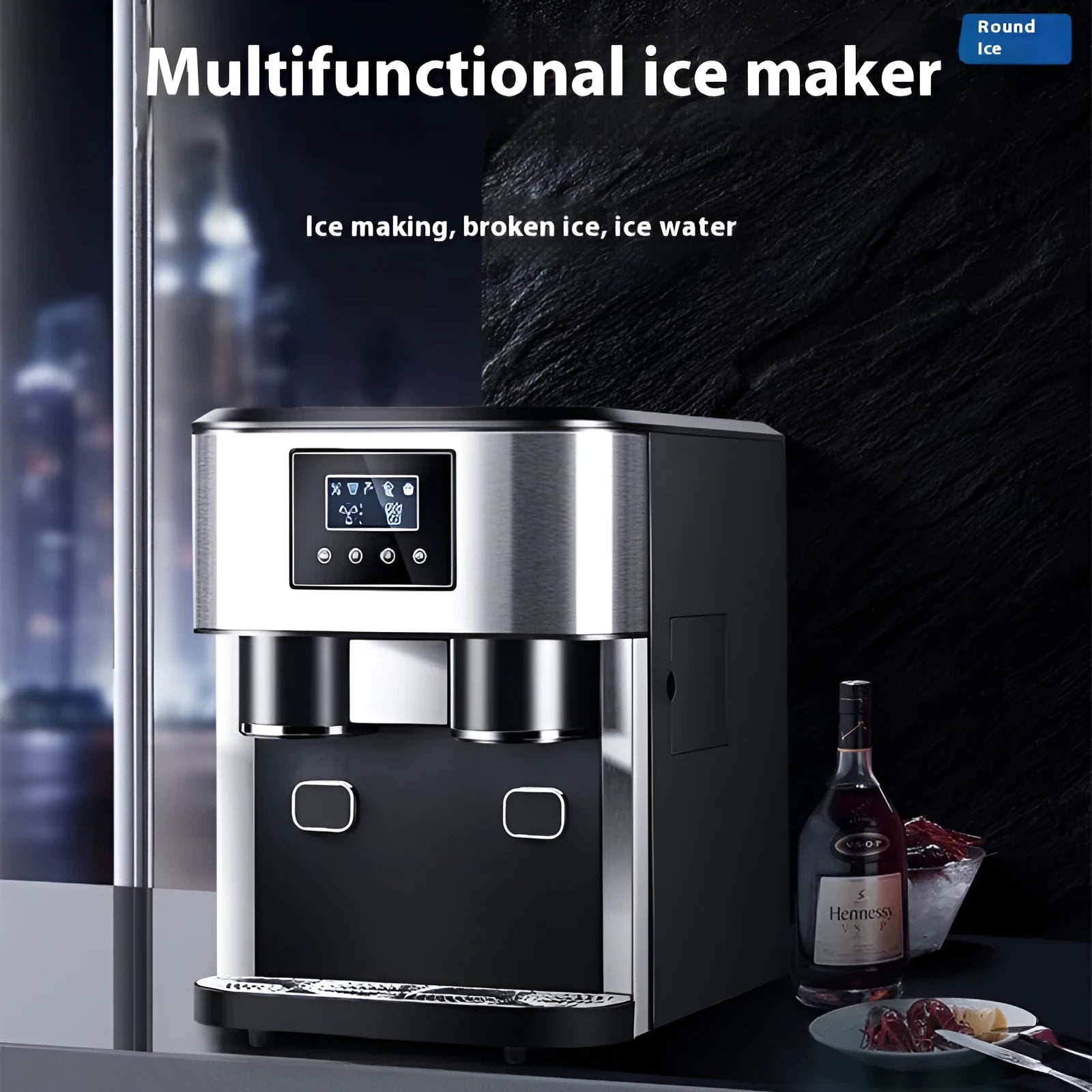 Black desktop ice maker with stainless steel ice box showing ice crushing and cold water functions