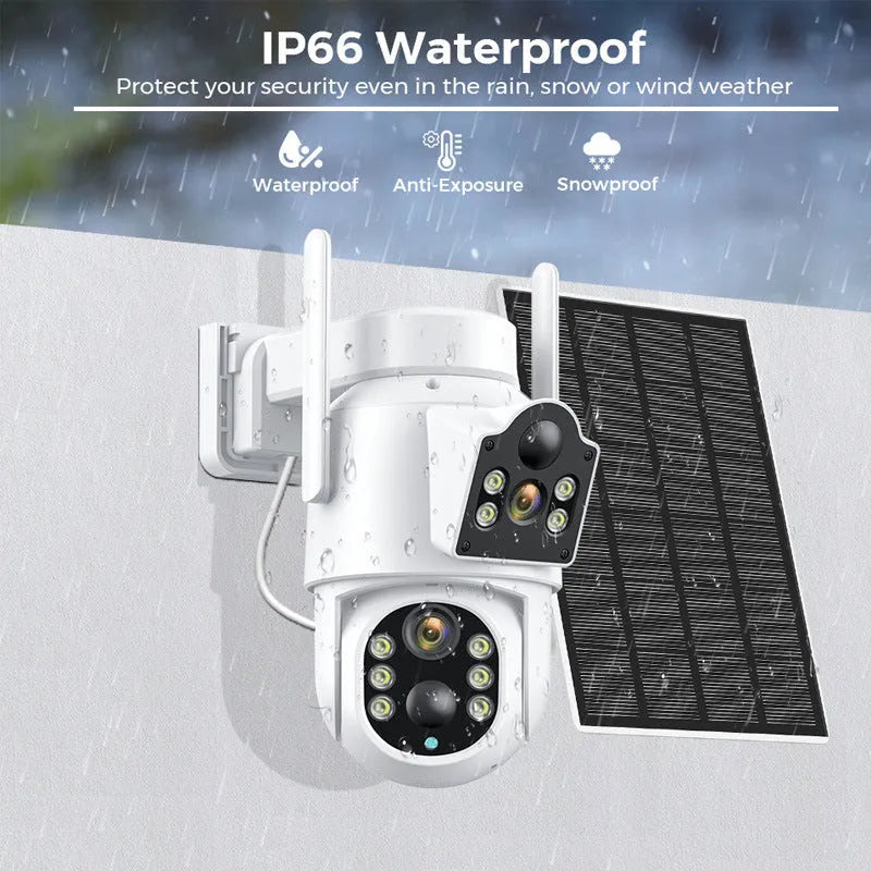 Outdoor solar-powered wireless wifi security camera with 4MP HD sensor and attached solar panel on a wall mount.