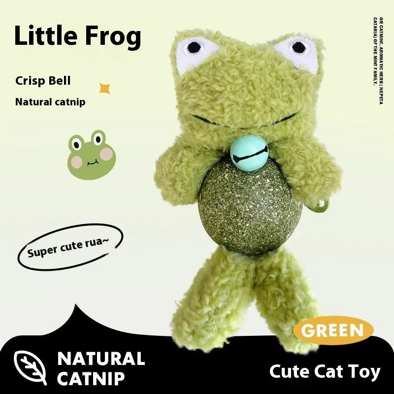 Plush catnip toy shaped like an animal with a separate mint ball, showing brown bear design