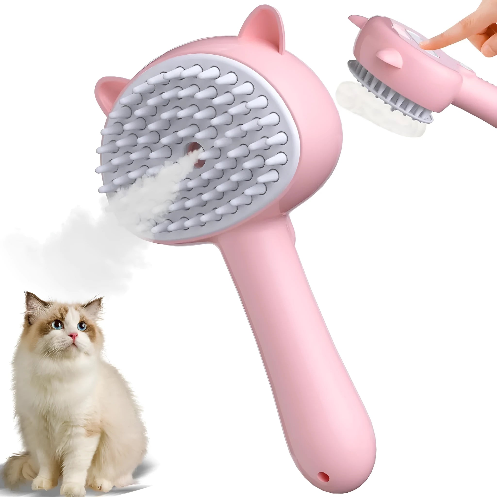 Blue 4-in-1 cat steam brush with ergonomic handle and soft rubber bristles for pet grooming