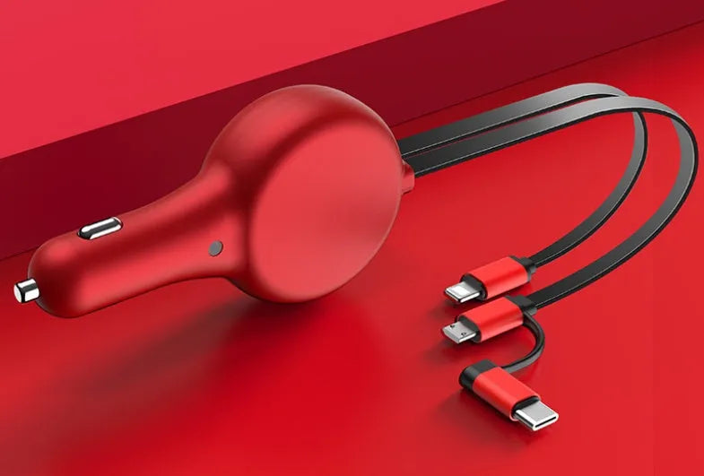 Black retractable car charger with two cables extended, showing Type-C and iPhone charging heads