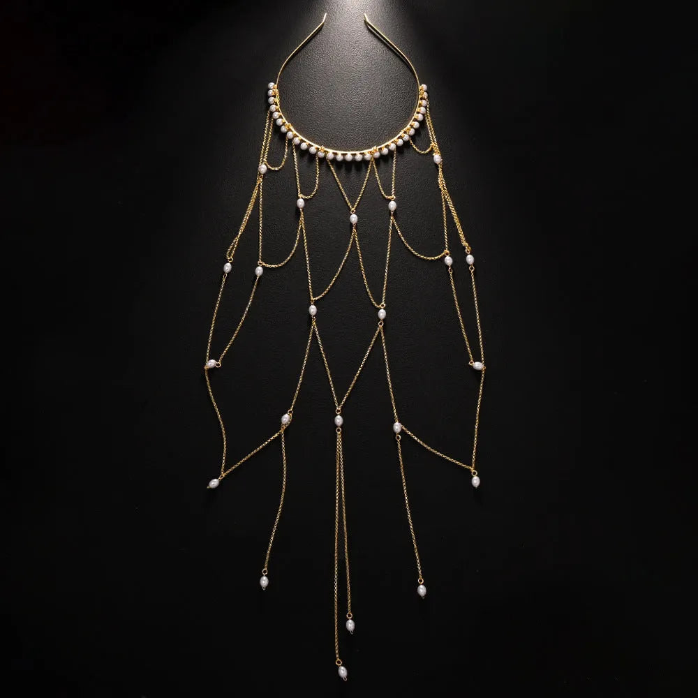 Women's mesh tassel hair chain with electroplated gold or silver finish and pearl accents