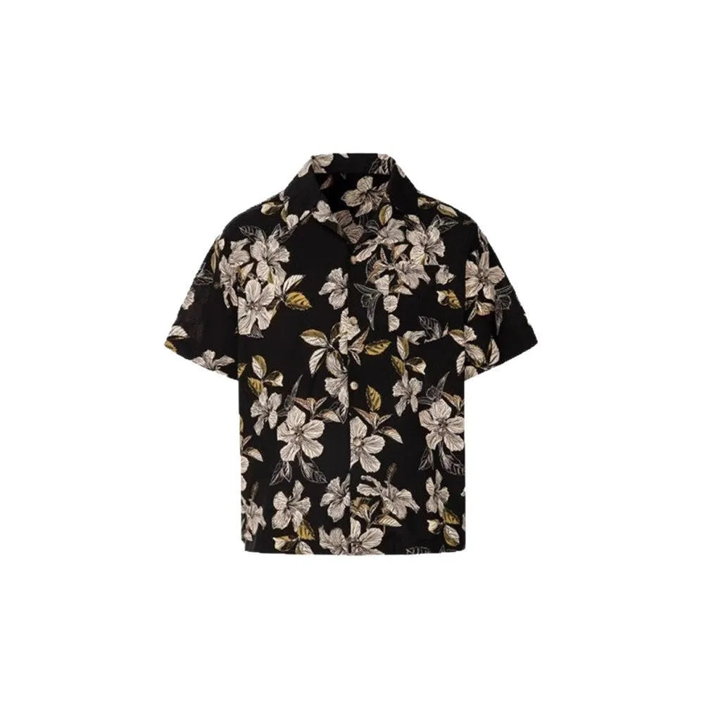 Black men's loose-fit ice silk shirt with vintage Cuban collar, short sleeves, and floral print.