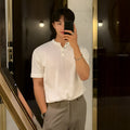 Men's thin ice silk knitted shirt in slim fit showing black, khaki and white colour options