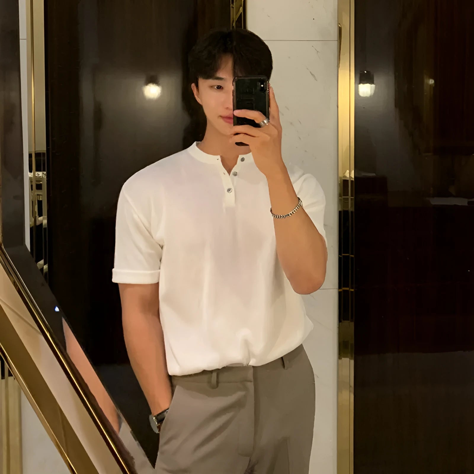 Men's thin ice silk knitted shirt in slim fit showing black, khaki and white colour options