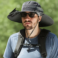 Men's grey solar-powered fan hat with integrated cooling fan and wide brim for sun protection.