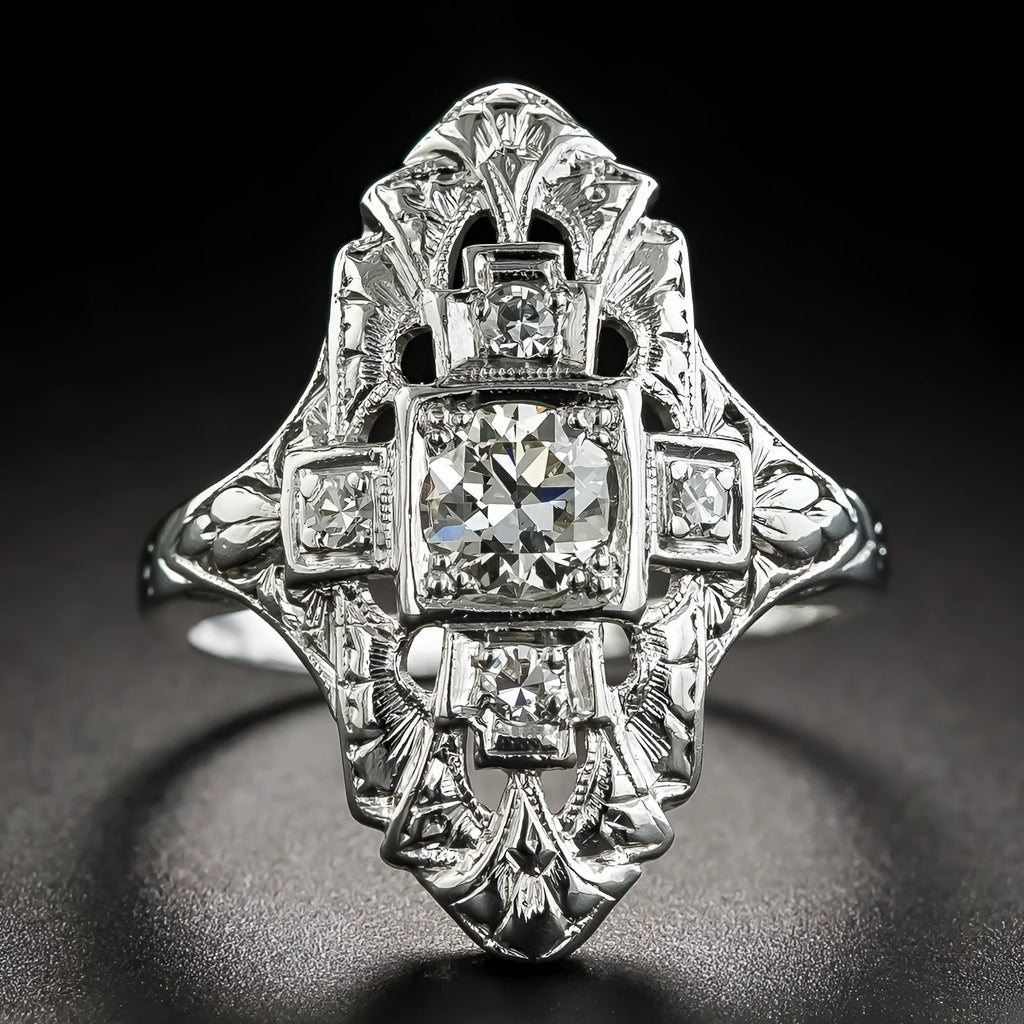 Hollow out geometric silver ring with diamond studs on copper base material