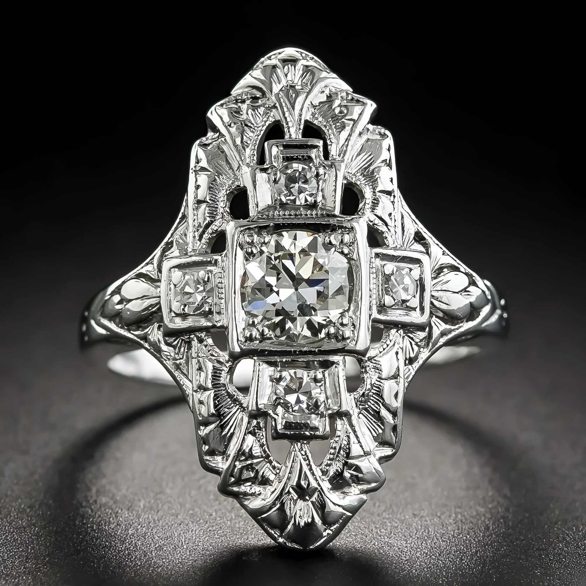 Hollow out geometric silver ring with diamond studs on copper base material