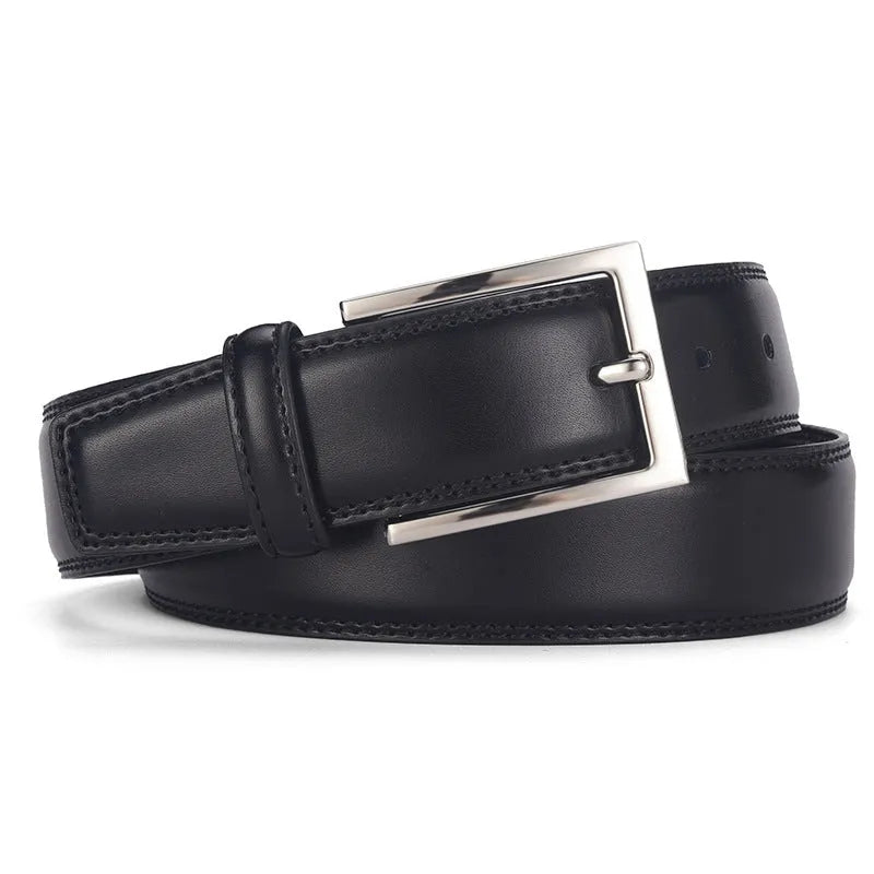 Men's black leather belt with silver alloy pin buckle showing two-layer cowhide construction
