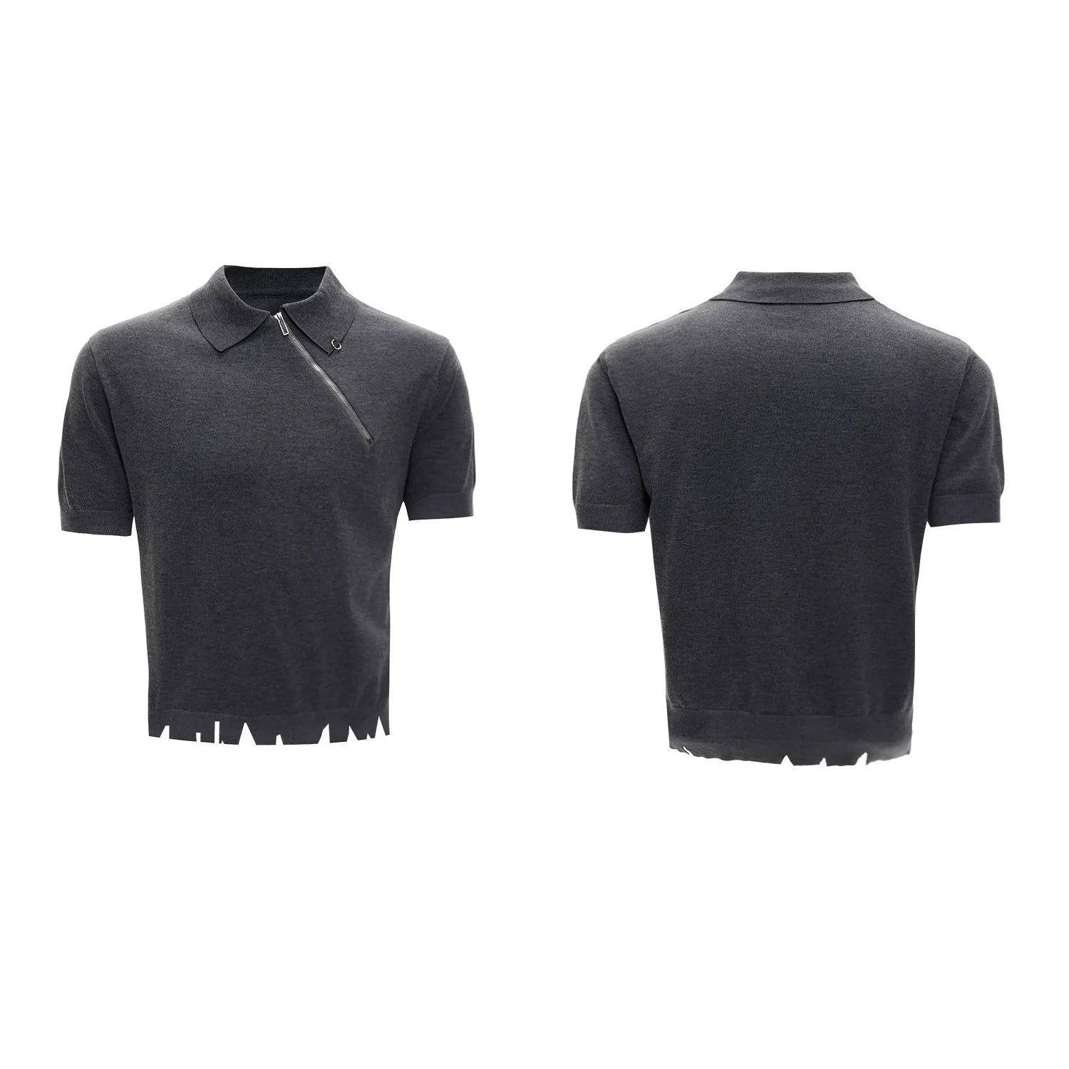 Men's slim-fit black knitted polo shirt with an oblique diagonal zipper and lapel collar.