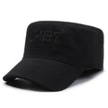 Men's adjustable cotton flat-top peaked cap in army green colour showing dome crown