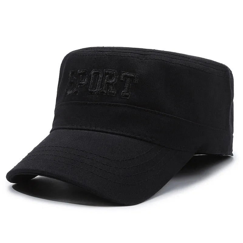 Men's adjustable cotton flat-top peaked cap in army green colour showing dome crown