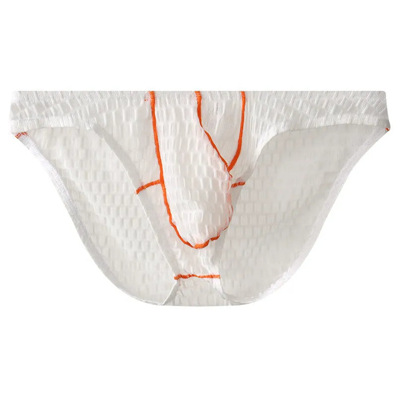 Men's low-waist lace briefs in white, black, green, red, and purple colours laid flat.
