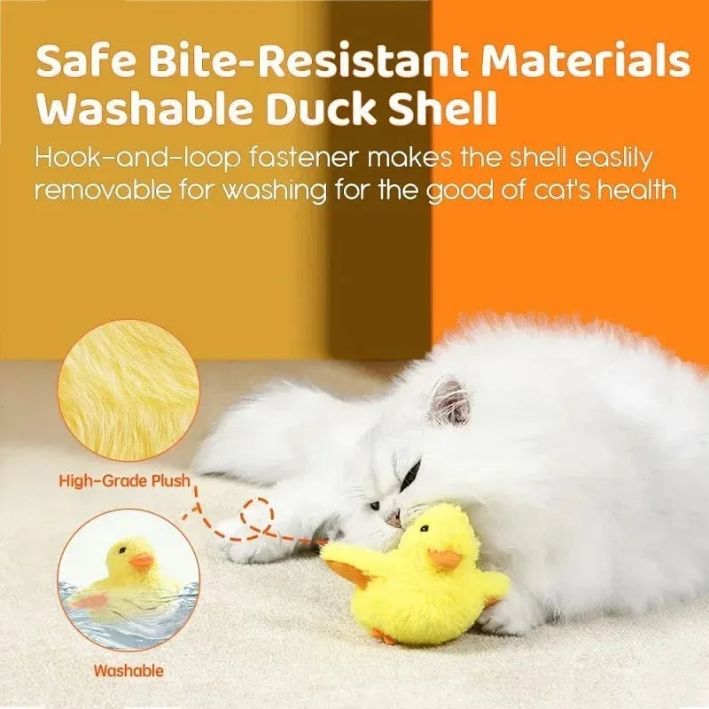 Yellow flapping duck cat toy with USB charging cable and removable plush cover
