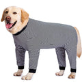 Striped four-legged dog shirt on a Golden Retriever, available in sky blue, brown, and black dark blue stripe.