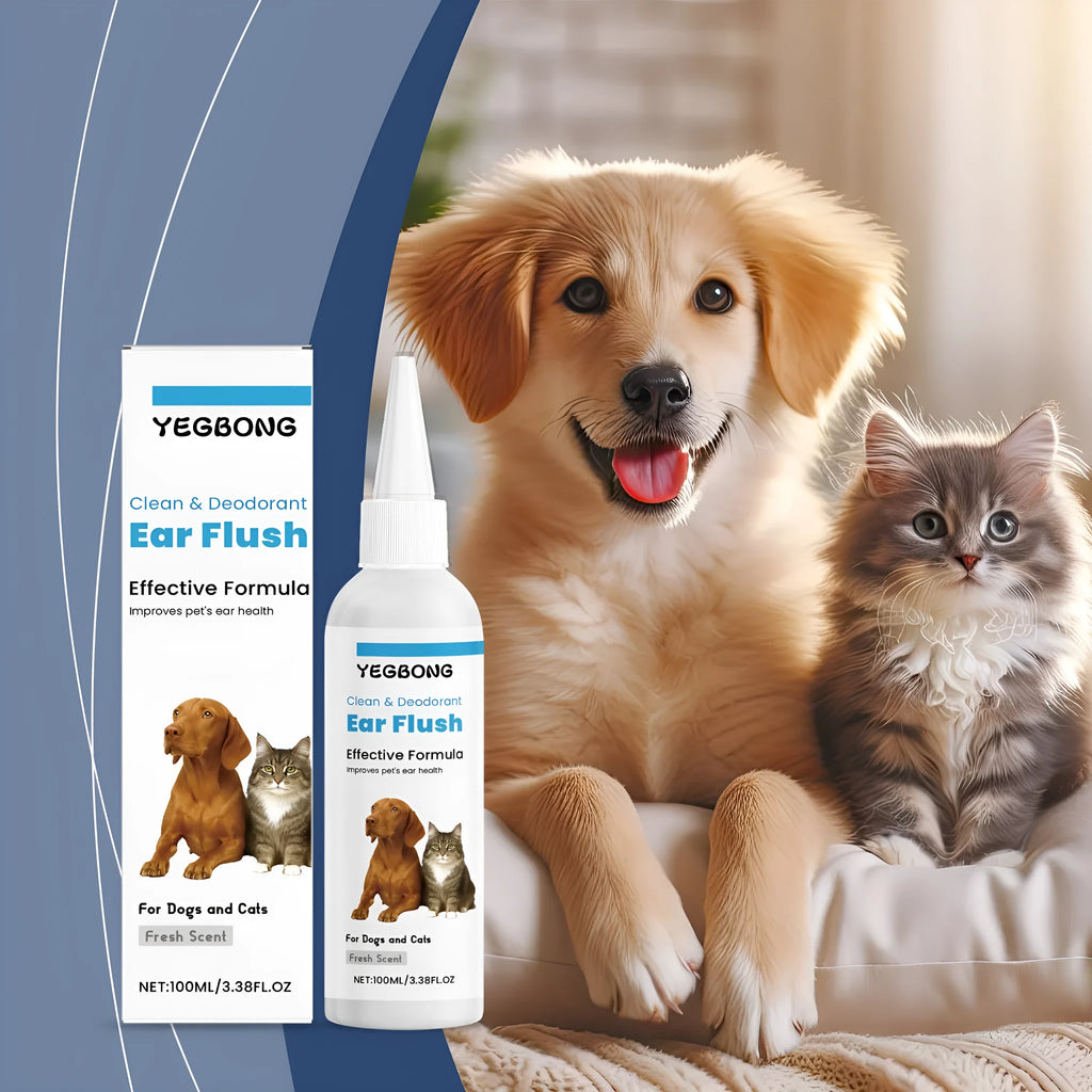 100ml bottle of veterinary ear cleaner for dogs and cats with applicator nozzle.