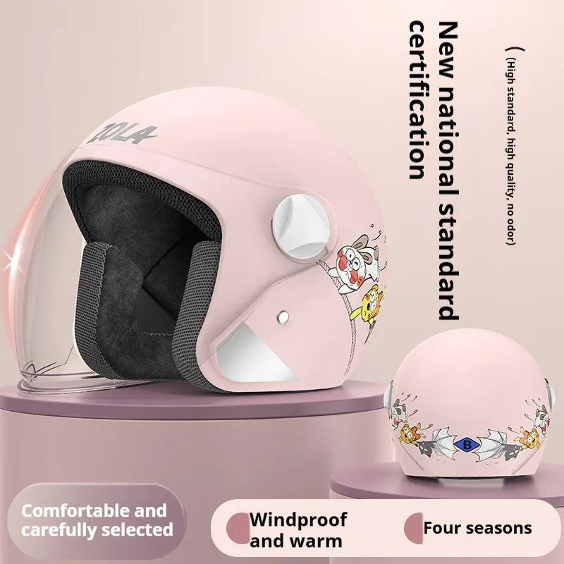 Blue electric bike helmet with attached winter scarf and a clear anti-fog visor