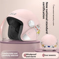 Blue electric bike helmet with attached winter scarf and a clear anti-fog visor