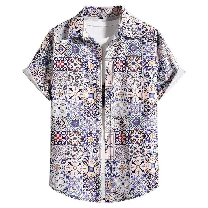 Men's slim fit digital printed Hawaiian short sleeve shirt in elastic polyester, showing colour options.