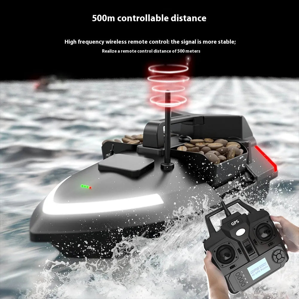 GPS remote control fishing boat in luminous yellow with remote control unit and carrying bag
