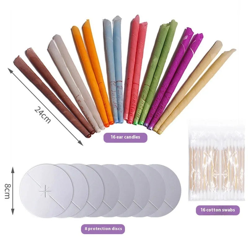 Ear candle health massage kit showing 16 candles, 8 protection boards, and 16 swabs in assorted colours