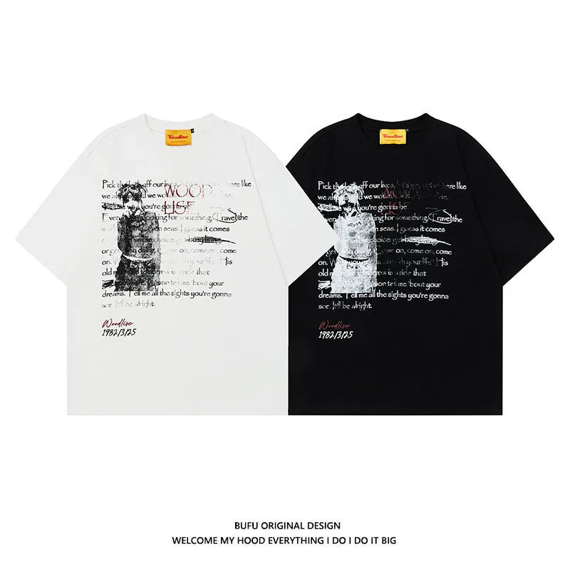Men's black hip hop style loose T-shirt with white printed letters design and raglan sleeves