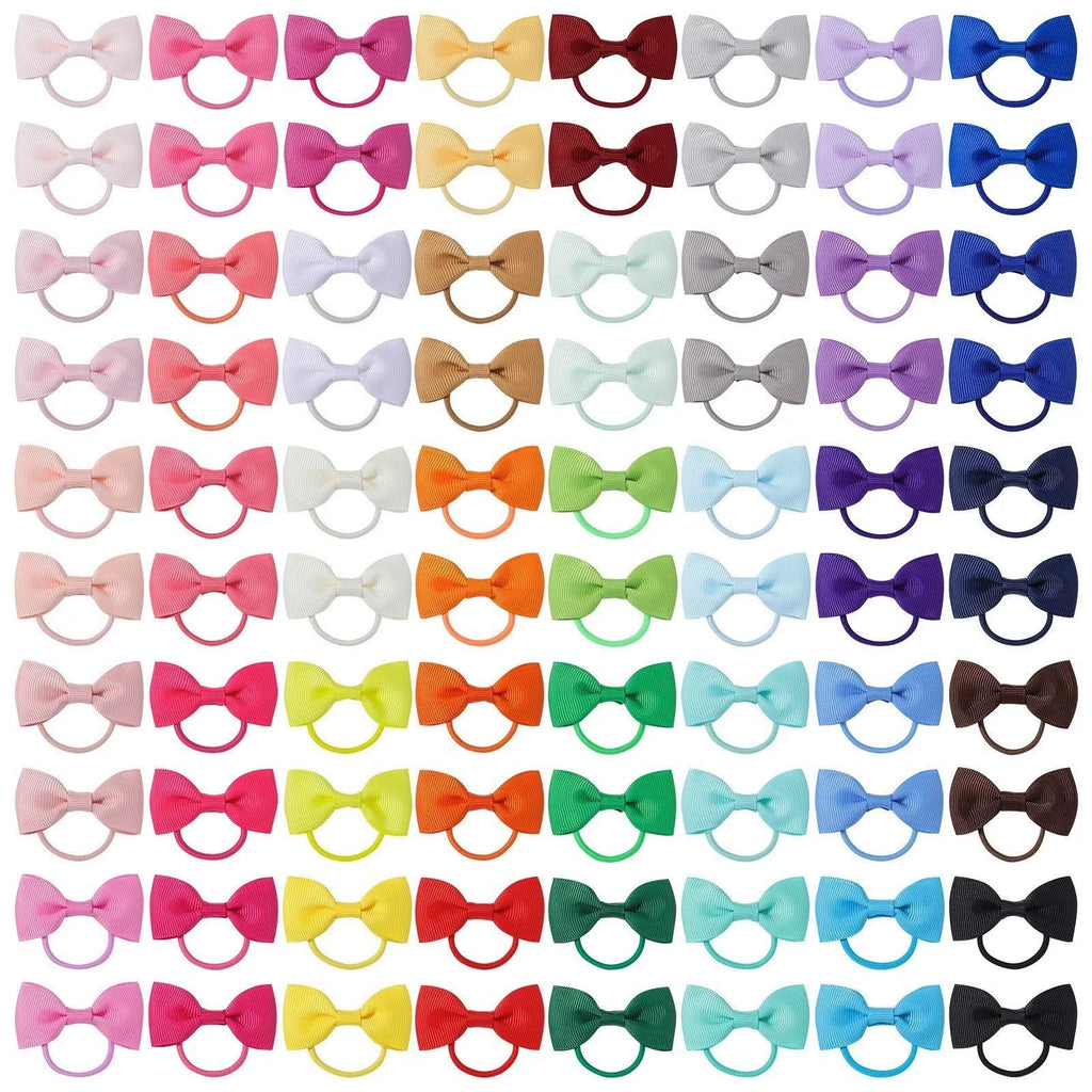 80 multi-coloured tiny hair ties with grosgrain ribbon bows for baby girls and toddlers.