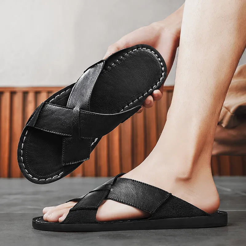 Men's black pigskin leather slip-on sandals with frosted finish and rubber sole