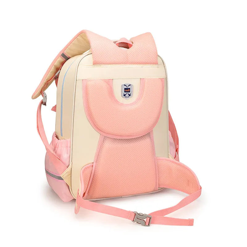 Student shoulder pad backpack in Oxford cloth with air pillow belt for burden alleviation, available in pink, yellow, light purple, dark blue, gray, olive green