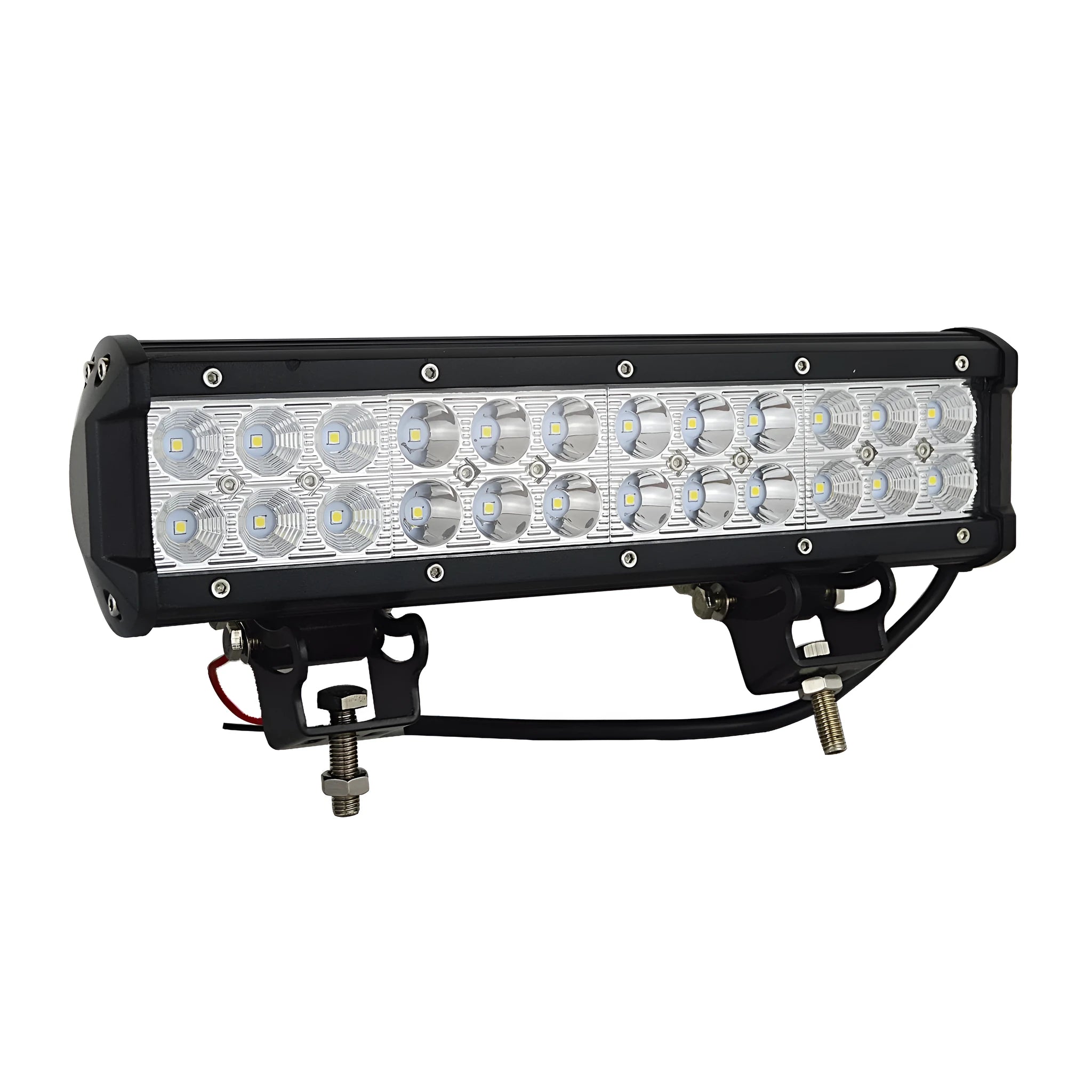 Black aluminium alloy double row LED off-road roof light with PMMA lens and mounting bracket.