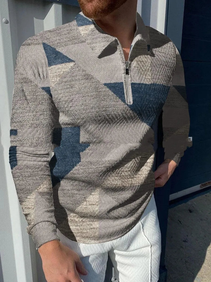 Men's casual lapel pullover with digital print in cotton blend fabric, loose fit