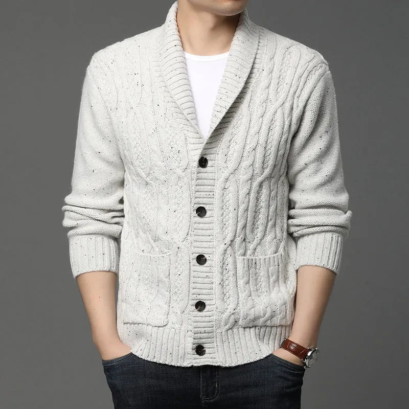 Men's Korean style jacquard patterned knitted cardigan jacket in straight cut with thickening polyester blend fabric