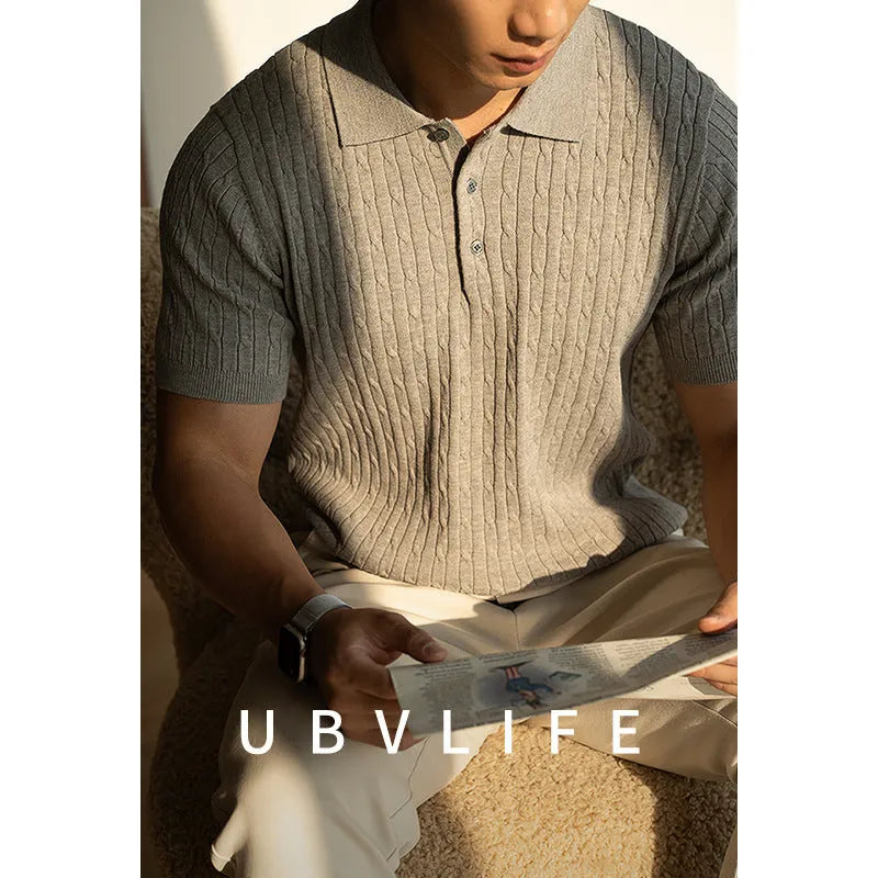 Men's khaki short sleeve business top with polyester nylon acrylic wool fabric blend for office commute wear