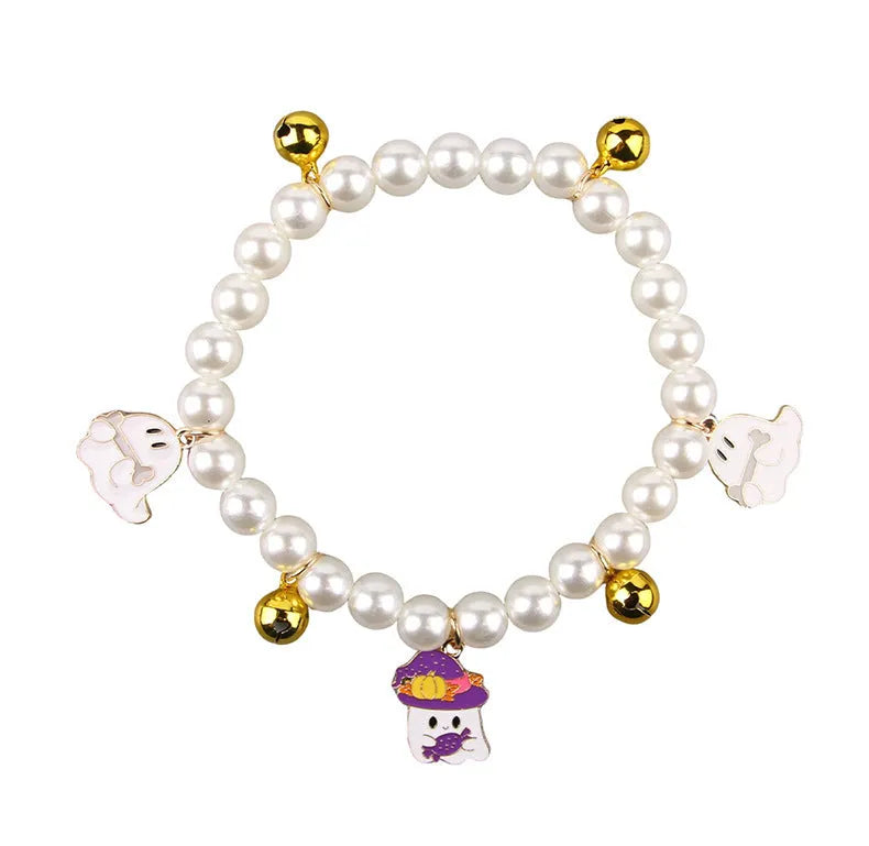 Halloween pet collar with simulated pearl necklace decoration in pumpkin designs