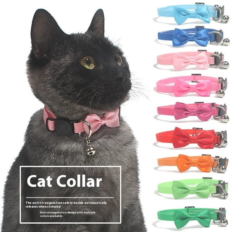 Adjustable striped nylon cat collar with a bell shown in multiple colours including red, blue, green, and pink.